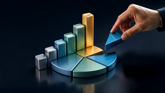 Hand Placing Last Slice of Pie Chart to Complete Growth Bar Graph Visualization