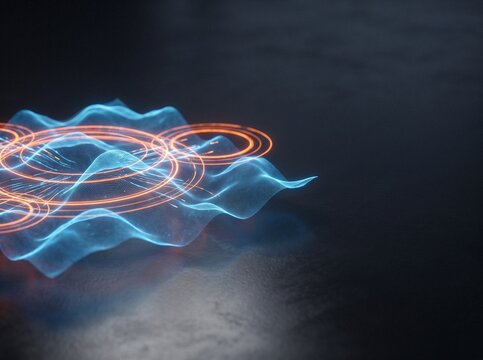 Abstract 3D spatial analytics map with glowing blue terrain waves and orange target coordinate rings on dark surface