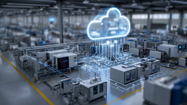 Digital cloud visualized above a factory floor, connecting machinery with glowing lines, symbolizing data flow & automation