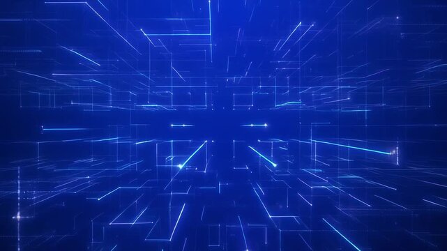 Digital grid lines receding into glowing blue cyberspace with data streams during abstract futuristic network exploration