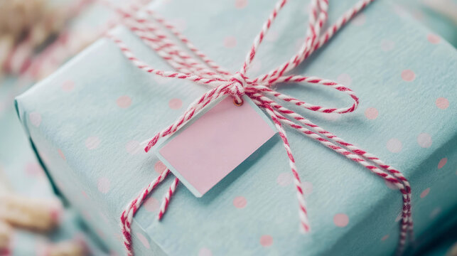 Beautifully wrapped gift box in soft blue paper with pink polka dots tied with rustic red and white baker's twine and featuring blank rectangular pastel pink gift tag for personal messages