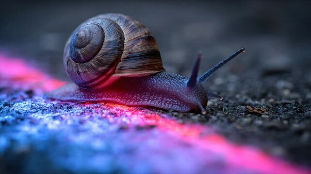 Macro shot of a snail crawling across a textured surface, bathed in pink and blue light