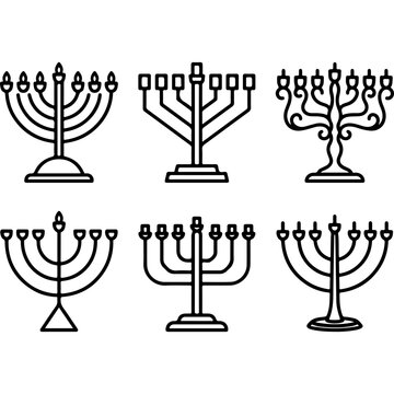 Hanukkah menorah icons set, minimalist Jewish candelabra line art, 6 black vector chanukiah illustrations for holiday greeting cards
