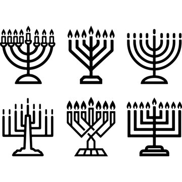 Hanukkah menorah icon set, 6 black line art chanukiah vectors, Jewish holiday candle holders for religious celebration and greeting cards
