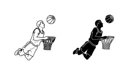 Basketball Player Dunking, Dynamic Sports Action Silhouette Vector Set, Athletic Competition Graphic © SantoAli