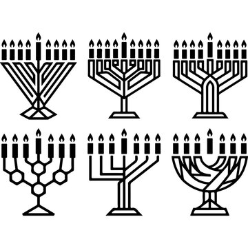 Geometric Hanukkah menorah icon set, 6 modern black line art chanukiah vectors, minimalist Jewish holiday symbols for greeting cards