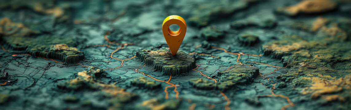 Abstract 3D Topographic Map Concept with Bright Yellow Location Pin Marker Resting on Textured Elevated Terrain Representing Navigation Exploration and Travel Destination Planning