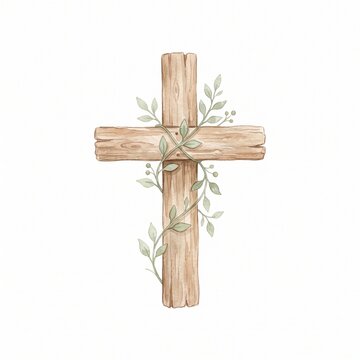 Watercolor Illustration of a Rustic Wooden Christian Cross