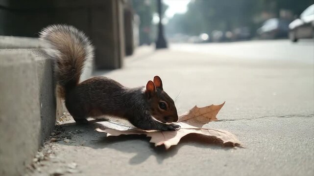 A squirrel surveys a sidewalk, next to a large leaf, city street in background