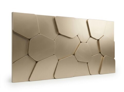 Gold colored metal wall panel with an abstract voronoi cell pattern featuring smooth rounded polygons and a soft satin metallic finish