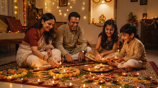 Happy Indian Family Celebrating Diwali Together at Home Lighting Traditional Oil Lamps and Decorating Floors with Rangoli Art for Festival of Lights Cultural Celebration
