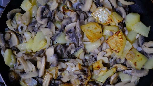 Fried potatoes with mushrooms and onions. The food is steaming hot, highlighting its freshness and delicious flavor. Comfort food, home cooking, vegetarian dishes, hearty meals, rustic cooking