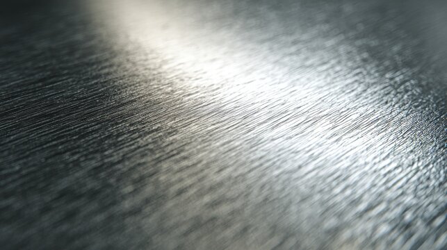 Angled close-up of a textured, silver surface reflecting light. Slight waves and scratches create dimension