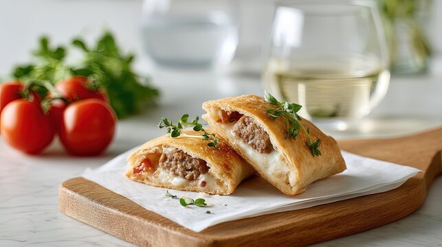 smashed meatball, tomato & mozzarella HOT pocket HALVED AND STACKED FRESH INGREDIENTS WHITE homely foodie background 