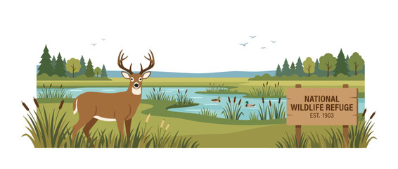 Obraz premium National Wildlife Refuge Landscape with Deer and Pond Illustration