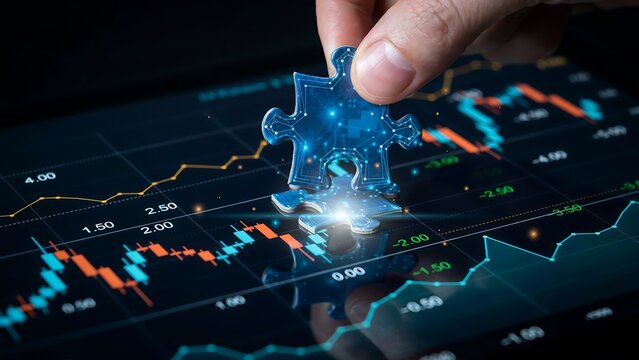 Hand placing digital puzzle piece on stock market data tablet screen representing investment strategy and financial planning with complex chart patterns.