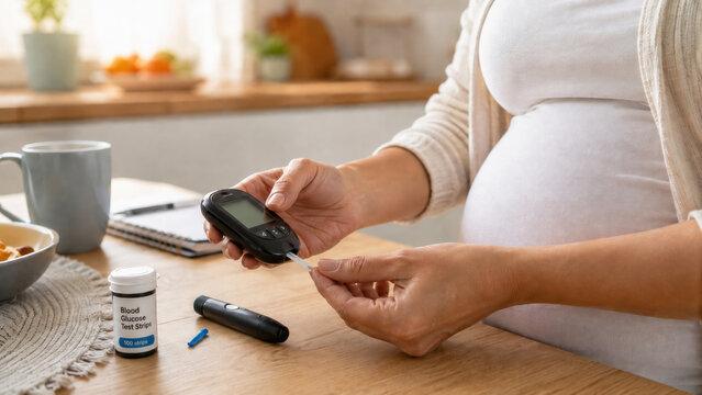 Close-up of pregnant woman hands using a glucose meter at a home kitchen table. Gestational diabetes home monitoring concept