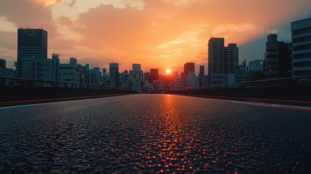 The sun sets over a city skyline, reflecting beautifully on the water. A bridge is visible at the foreground.