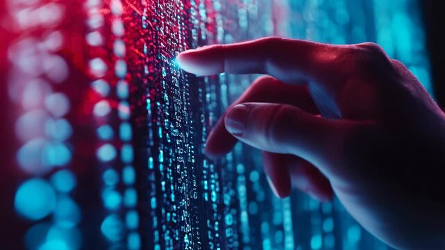 A hand touching a glowing matrix of data points.