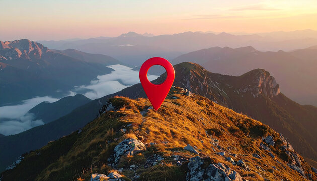 Glossy red location pin floating above dramatic mountain peaks at sunrise, mist-filled valleys stretching below, warm golden light illuminating rugged peaks, travel and adventure concept.