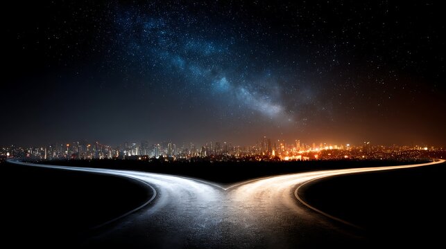 Nighttime long exposure of car headlights creating light trails on highway