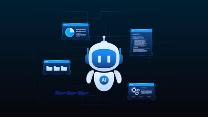 Naklejka premium AI agent robot automation machine learning with flow process, digital document, coding, processing system and software development system.