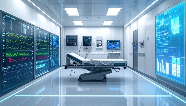 Modern high tech intensive care unit with digital medical displays and patient bed in hospital