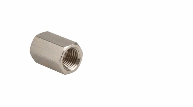 Shiny metal coupling nut with internal thread isolated on white background showing high quality stainless steel finish for industrial plumbing