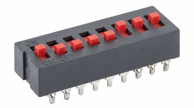 Electronic dip switch component featuring multiple red toggles and silver pins isolated on a clean white background for industrial hardware usage
