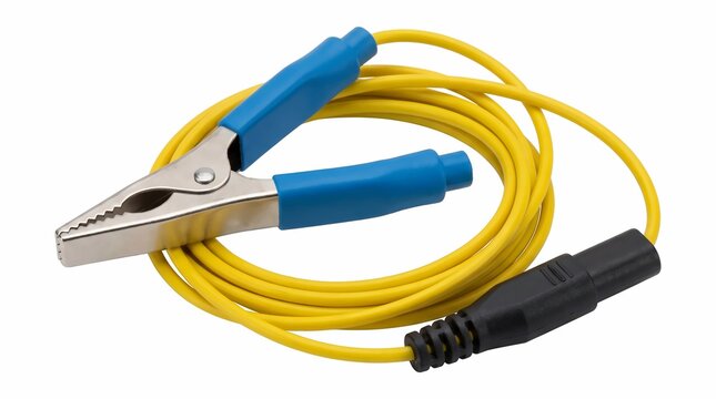 Metal alligator clip with blue plastic handle attached to a long yellow electrical cable isolated on a pure white background