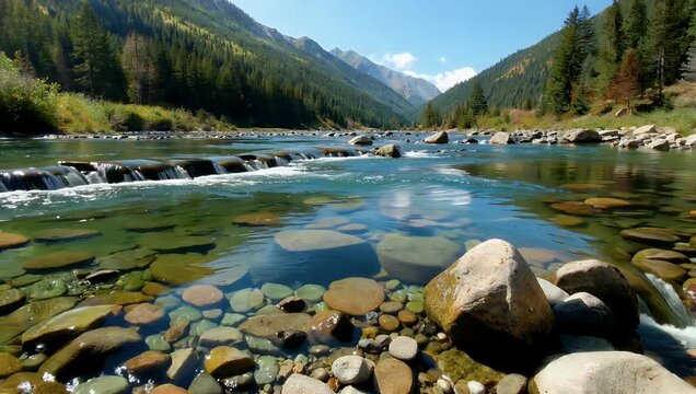 Restful cinematic 4K nature video of a crystal-clear mountain stream flowing smoothly over worn river stones capturing the soothing tranquility clarity and gentle rhythm of an untouched wilderness