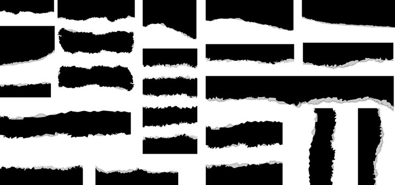 Set of black torn paper strips with rough ragged edges for design
