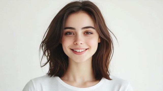 A cheerful girl in a white blouse smiling at the camera against a neutral background.