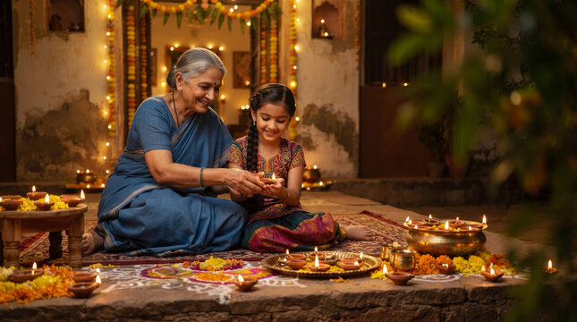 Grandmother and granddaughter lighting traditional oil lamps together during Diwali festival celebration at home, creating warm, festive, and heartfelt cultural atmosphere