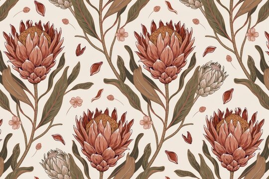 Seamless botanical pattern featuring hand drawn king protea flowers with long green leaves and falling petals on a light beige background