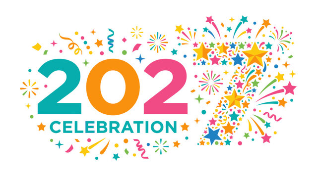 Colorful vector illustration of the number 202 with celebratory fireworks and stars