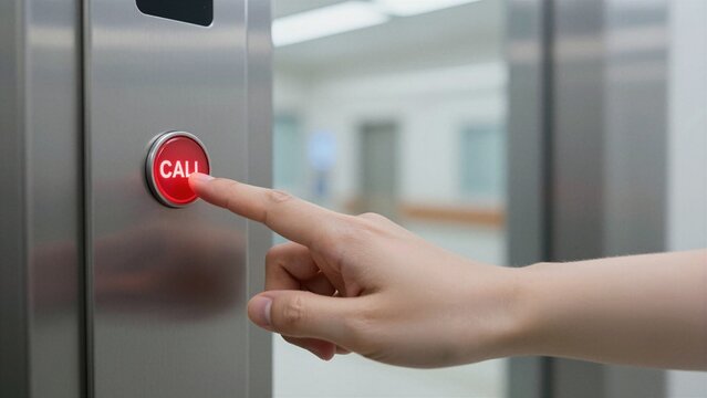 A nurse's hand presses a red call button inside a hospital corridor, signaling urgent medical assistance needed.