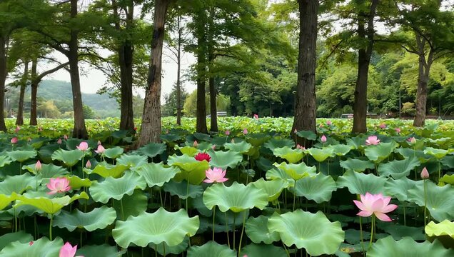 expansive ultra-clear 4K wide shot captures a beautiful lotus garden with tall stems and natural colors presented without color grading to preserve authentic and serene botanical beauty making it