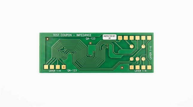 Green impedance test coupon printed circuit board featuring gold contact pads and intricate copper trace routing for electronic manufacturing validation