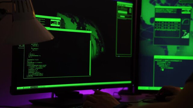Programmer analyzing green terminal screens, focused security review with lamp glow, code windows and command output visible, developer taking notes in notebook while scanning logs