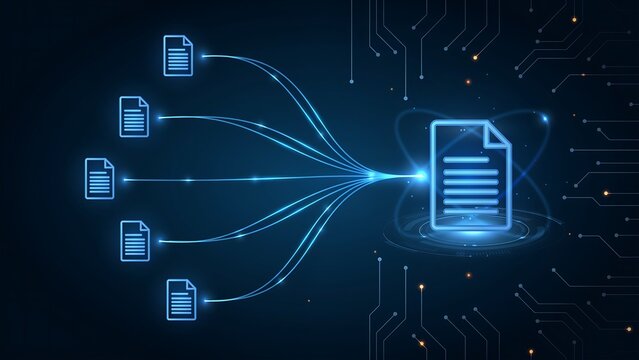 Five glowing document icons merging into one larger document icon through digital lines, symbolizing data consolidation, file management, and information integration.
