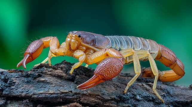 A scorpion perches on weathered bark with a soft, green background.
