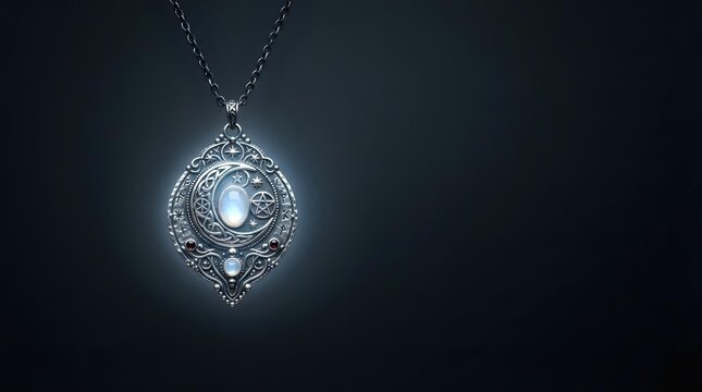 Ornate silver pendant necklace with glowing moonstone center and intricate filigree detailing, suspended on delicate chain against dark background for jewelry design and luxury accessory concepts.