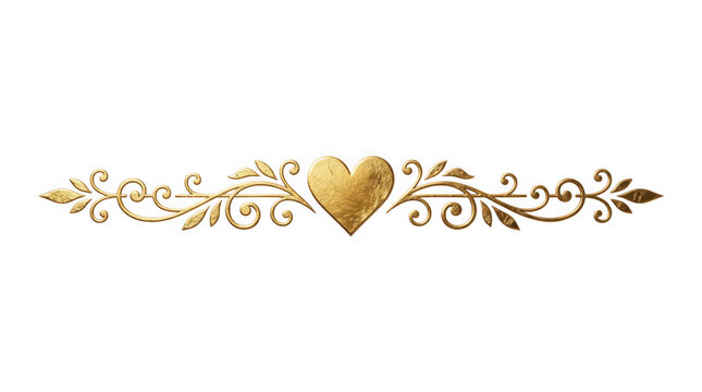 Decorative golden divider with central heart shape isolated on transparent background