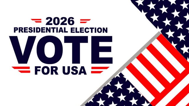 Animated 2026 presidential election graphic featuring bold Vote for USA lettering framed by patriotic stars and stripes, ideal for election campaigns, voter awareness, political broadcasts, news