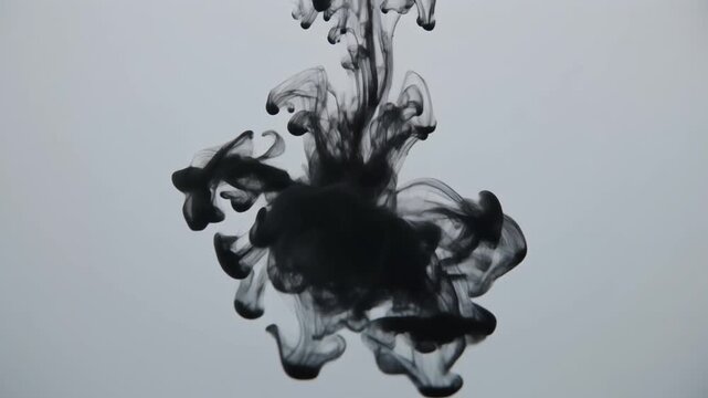 Black ink disperses through clear water in soft continuous tendrils, feathering gently under even overhead lighting against soft grey with elegant minimalist fluid motion.