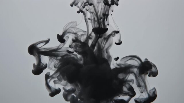 Black ink disperses through clear water in soft continuous tendrils, feathering gently under even overhead lighting against soft grey with elegant minimalist fluid motion.