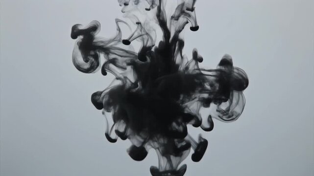 Black ink dispersing through clear water in soft tendrils