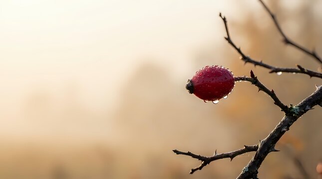 Frost-covered red berry hanging from dark branch against soft blurred beige background, winter nature scene suitable for seasonal designs and natural themes.
