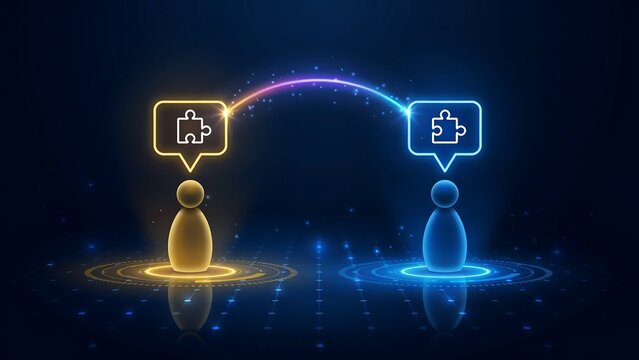 Glowing abstract digital personas connecting through puzzle pieces representing collaborative intelligence network interaction communication technology or team software integration.
